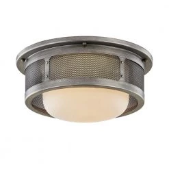 Bauer 16 in. 1-Light Antique Pewter Flush Mount with Opal White Glass Shade by Troy Lighting