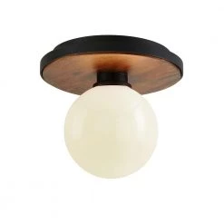 Cadet 8 in. 1-Light Black and Natural Acacia Flush Mount with White Glass Shade by Troy Lighting
