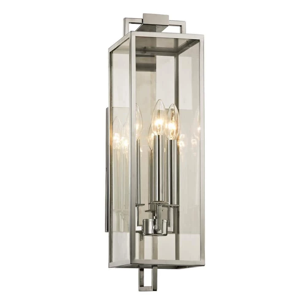 Beckham 3-Light Polished Stainless 21.5 in. H Outdoor Wall Mount Sconce with Clear Glass by Troy Lighting 3 Beckham 3-Light Polished Stainless 21.5 in. H Outdoor Wall Mount Sconce with Clear Glass by Troy Lighting