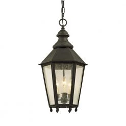 Savannah 12 in. W Vintage Iron Outdoor 3-Light Hanging Light with Clear Seeded Glass by Troy Lighting